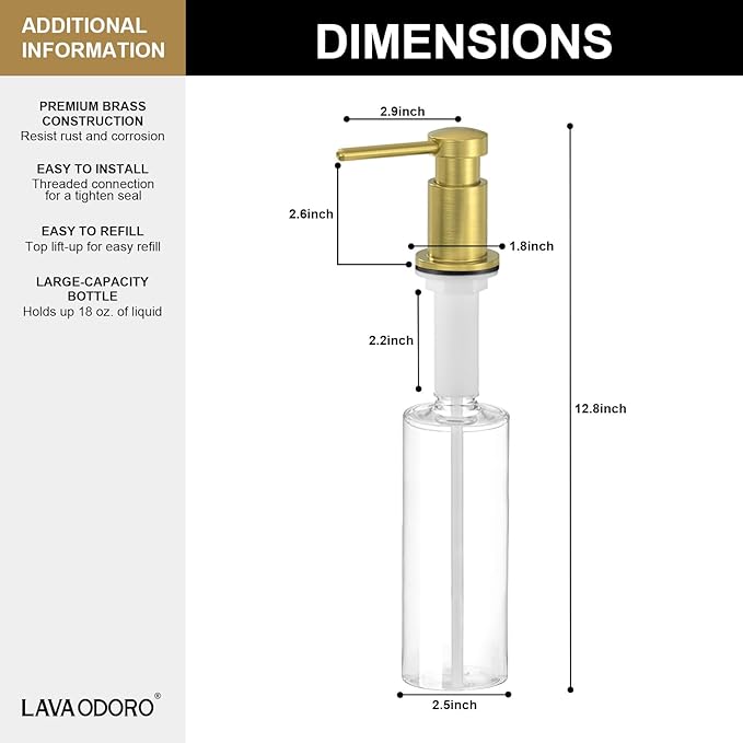 Lava Odoro Gold Soap Dispenser for Kitchen Sink, Modern Brass Built in Countertop Pump Dispenser with 18 Oz Refillable Bottle, Kitchen Soap and Lotion Dispenser Spot-Free, Brushed Gold, KSD-21