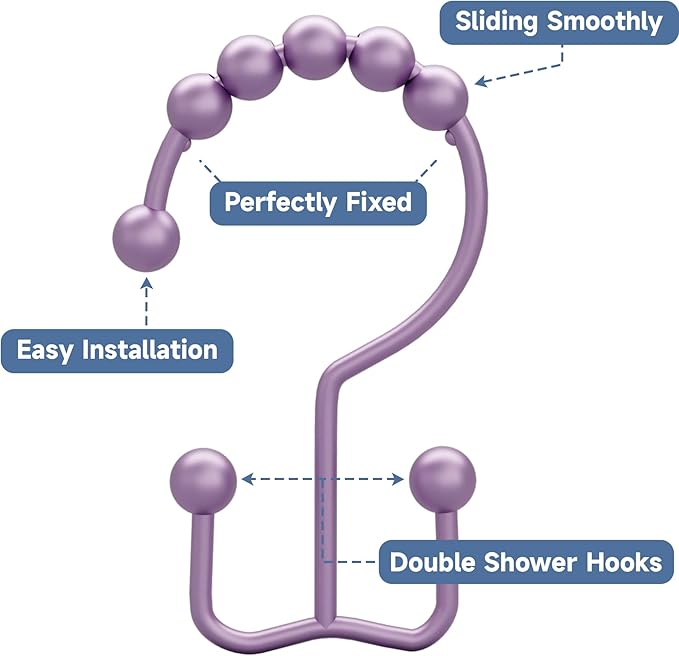 Titanker Shower Curtain Hooks Rings, Rust-Resistant Metal Double Glide Shower Hooks for Bathroom Shower Rods Curtains, Set of 12 Hooks - Greyish-Purple