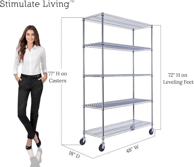 48"x18"x72" PRIME HEAVY DUTY Chrome 5-Tier Wire Shelving NSF 4000 LBS MAX Capacity Storage Rack for Commercial, School, Home, Garage, Warehouse, Industrial, and Hospital Uses (with Wheels)