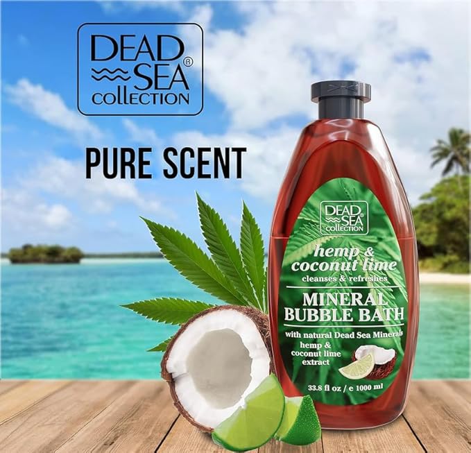Dead Sea Collection Bubble Bath with Hemp & Coconut Lime for Women and Men – Pure Dead Sea Minerals - Relaxing Foaming Bath - Nourishing and Moisturizes Skin - Pack of 2 (67.6 fl.oz)