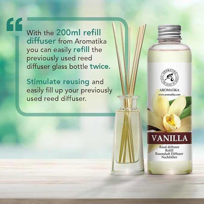 Vanilla Diffuser Refill w/Natural Essential Vanilla Oil 6.8 Fl Oz - Intensive - Fresh & Long Lasting Fragrance - Reed Diffuser Oil Refill Vanilla - for Aromatherapy - SPA - Home - Office - Fitness