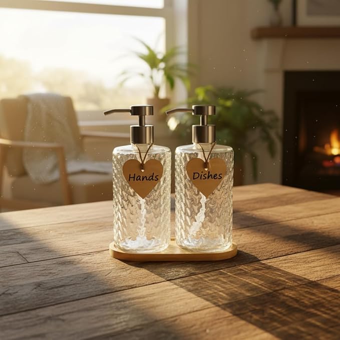 Glass Soap Dispenser Set with Bamboo Tray - 2 Pack 16 Oz Arrow Embossed Refillable Bottles with Silver Rustproof Stainless Steel Pump for Hand Dish in Farmhouse Modern Bathroom Kitchen (Clear)