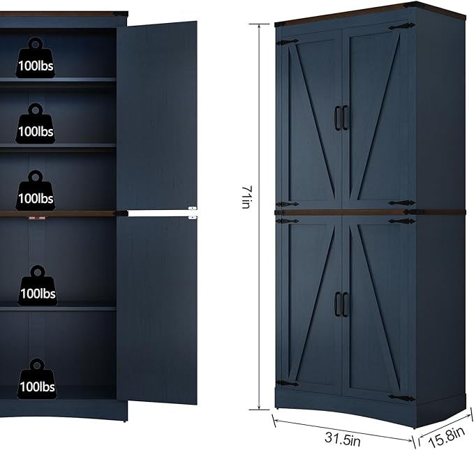 71in Farmhouse Kitchen Pantry Cabinet,Tall Storage Cabinet with 4 Doors and Adjustable shelves,with Load-Bearing Steel Pipe,Wood Storage Cabinets for Kitchen,Dining Room,Bathroom(Rustic Blue)