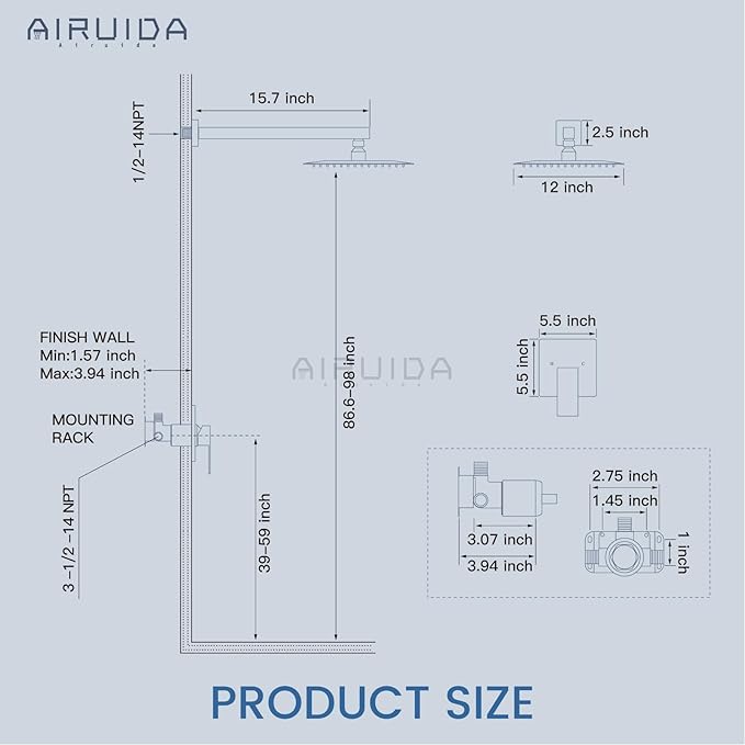 Airuida Shower Faucet Set Bathroom Rain Shower System SUS304 Stainless Steel Single Handle With Male Threads Rough-in Valve Shower Trim Kit 12 Inch Wall Mount Shower Head Chrome Polish