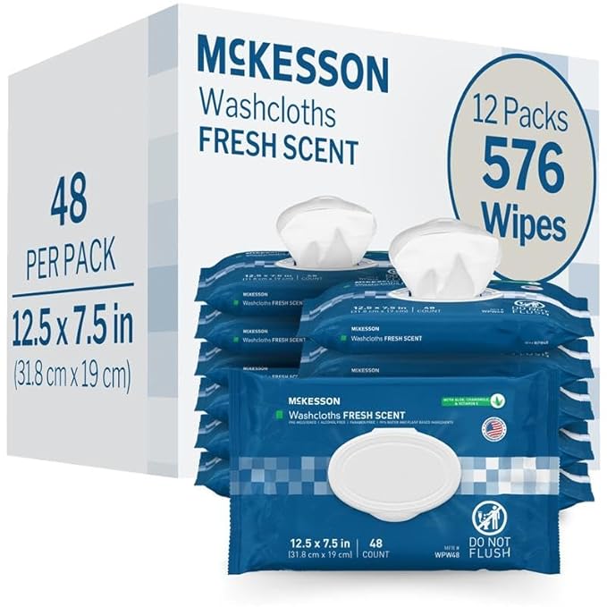 McKesson Washcloth Wipes for Adults, Scented (12 Pack, 576 Washcloths) Disposable Wash Cloths for Body - No-Rinse Formula with Snap Lid - Good for Incontinence and Elderly - 48 Wipes Per Pack