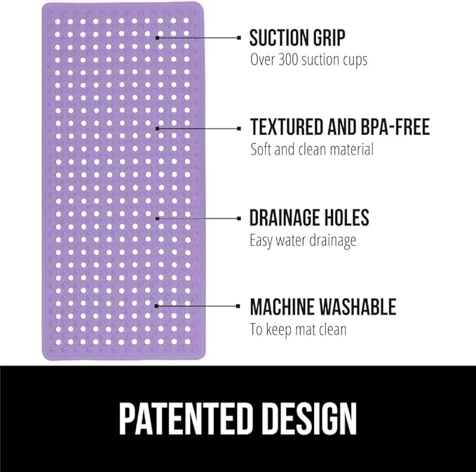 GORILLA GRIP Patented Bath Tub Shower Mat, Machine Washable Bathtub Floor Liner Mats, Suction Cups and Drain Holes to Keep Tubs Clean, Soft on Feet, Bathroom Essentials, 35x16 Inch, Purple Opaque