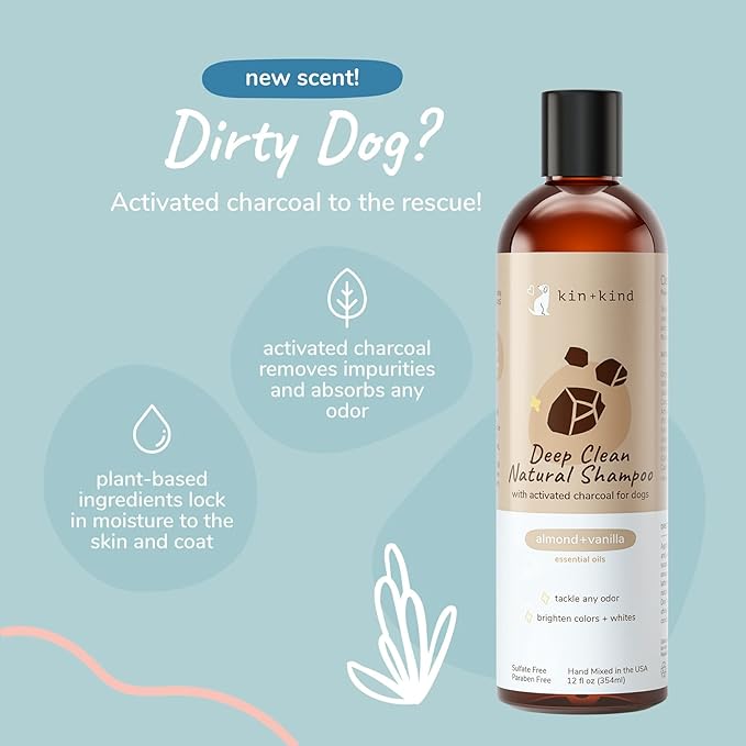 kin+kind Dog Shampoo with Activated Charcoal - Deep Clean Deodorizing Dog Shampoo for Dirt, Odor & Itch Relief - Gentle Grooming Pet Supplies with Natural Aloe, Almond & Vanilla 12 fl oz