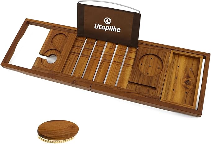 Utoplike Teak Bathtub Caddy Tray Bath Tray for Tub, Unique Bathtub Organizer with Book Tablet Wine Glass Cup Towel Holder, Adjustable, for Your Loved