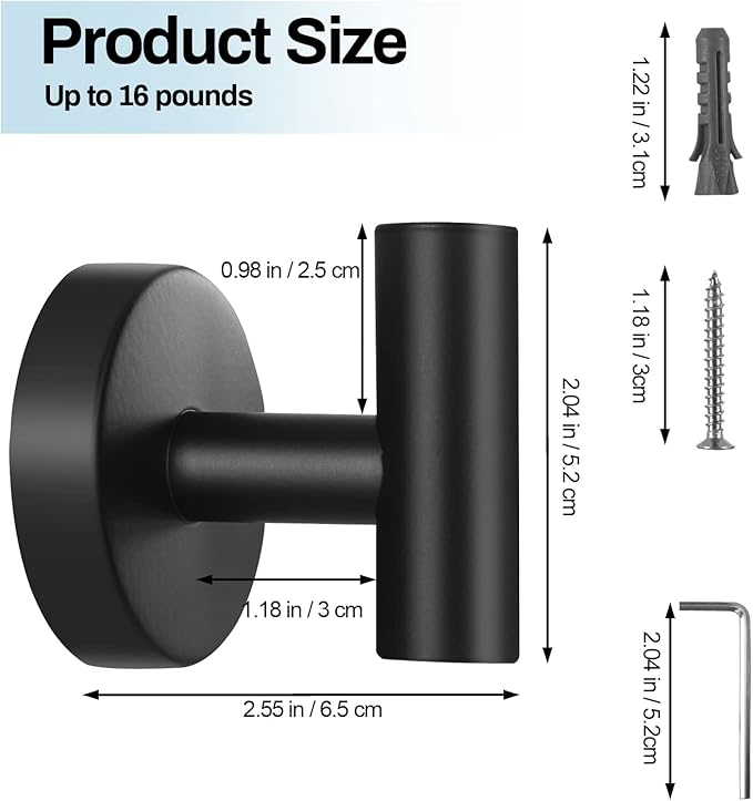 Kruodop Towel Hooks for Bathroom,2 Packs Wall Mount Towel Holder,Black Matte Wall Robe Hook,Stainless Steel Heavy Duty Door Hanger Towel Hook for Kitchen, Bedroom,Hotel,Pool,Coats(Drilling)