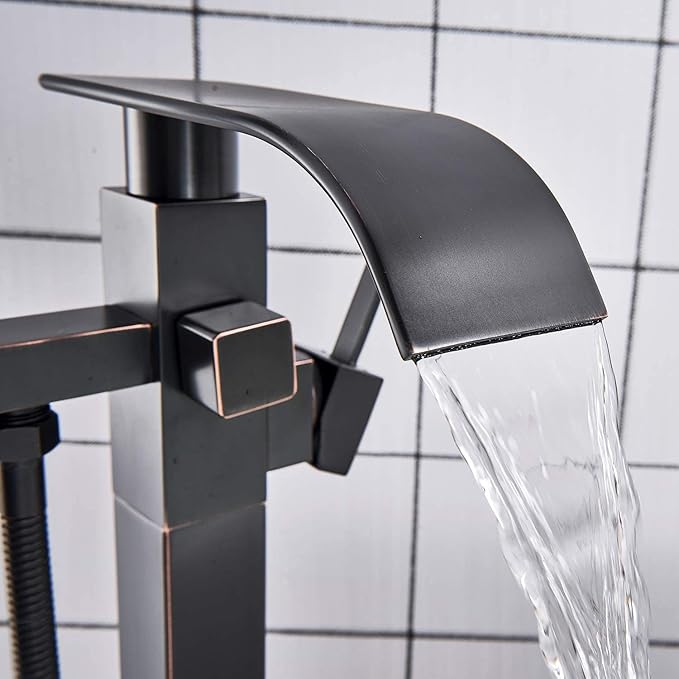Senlesen Barthroom Tub Filler Faucet Floor Mounted Bathtub Shower Faucet Waterfall Spout Free Standing Tub Mixer Tap with Handheld Sprayer