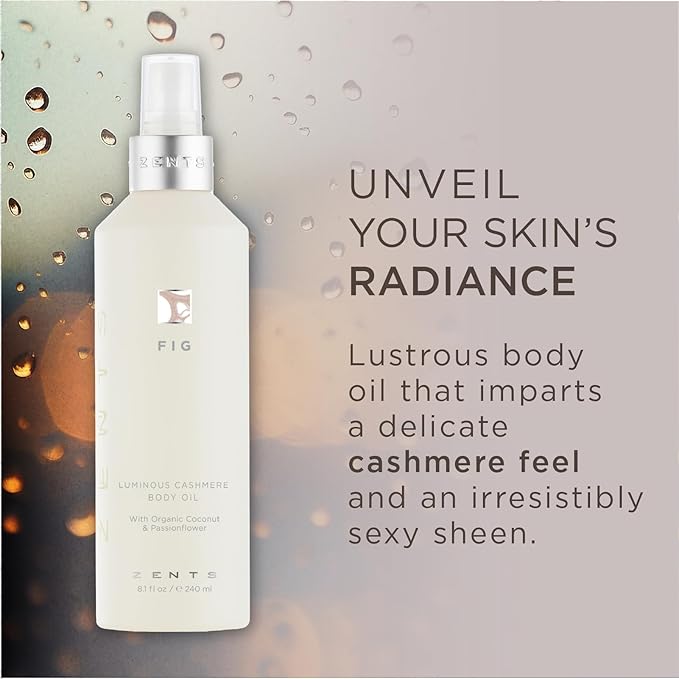 Zents Luminous Cashmere Body Oil (Fig Fragrance) | Moisturizing Body Oil with Vitamin E & Organic Coconut Oil | Softens & Smooths Skin | 8 fl oz