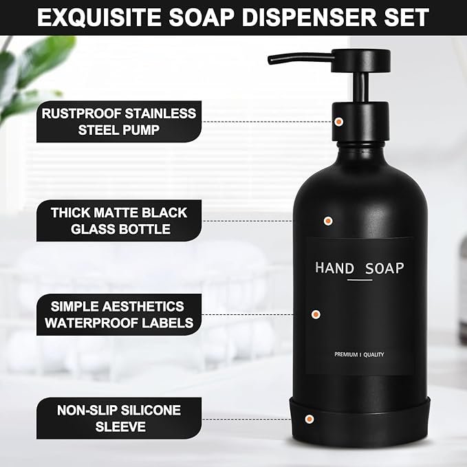 Black Glass Soap Dispenser with Stainless Steel Pump, 16.9 Fl oz Soap Dispenser Set for Kitchen, Matte Black Hand Dish Soap Dispensers for Kitchen and Bathroom, Lotion Dispenser Bathroom Decor
