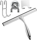 12'' Light Weight Stainless Steel Shower Squeegee for Glass Doors with 4 Pieces Set (1 Window Squeegee, 1 Door Hook and 2 Adhesive Hooks) Perfect Cleaning Tool for Car, Window, Bathroom Mirror