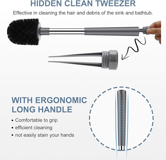 SetSail Toilet Brush and Holder 4 Pack, Self Closing Lid Toilet Bowl Brushes Holder Extra Long Handle Ventilated Toilet Brush Set for Bathroom Cleaning, Nylon Bristles, Grey