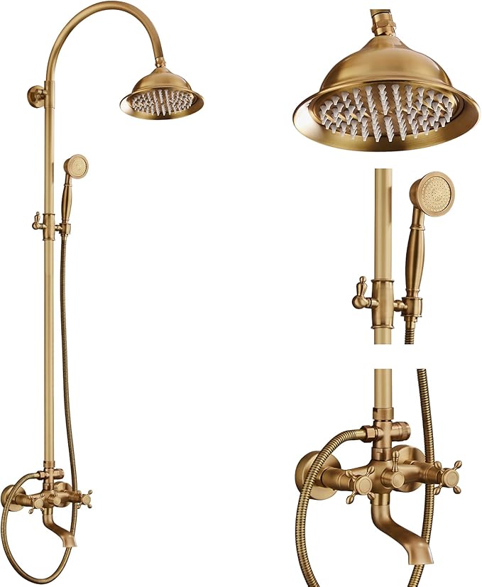 gotonovo Bathroom Classic Exposed Shower Faucet Wall Mount Shower System 8 Inch Luxurious Rainfall Shower Head Set with Tub Spout and Handheld Spray Double Cross Handles Antique Brass