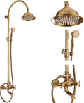 gotonovo Bathroom Classic Exposed Shower Faucet Wall Mount Shower System 8 Inch Luxurious Rainfall Shower Head Set with Tub Spout and Handheld Spray Double Cross Handles Antique Brass