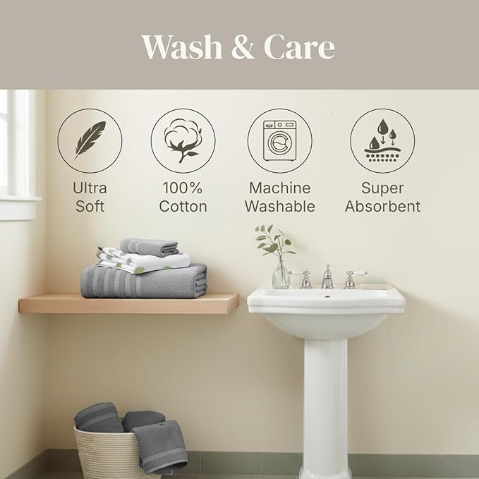 Modern Threads Organic Vines 6-Piece 100% Cotton Towel Set – Yarn Dyed Jacquard & Solid – Includes 2 Bath Towels, 2 Hand Towels, 2 Washcloths – Absorbent, Quick Dry, Soft & Durable – Gray