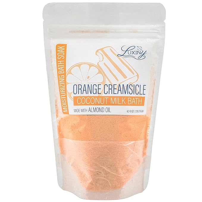 Luxiny Vegan Milk Bath Soak Made with Moisturizing Coconut Milk Powder & Sweet Almond Oil for a Bath Bomb Dust Soothing Fizz & Relaxing Soak, 8 oz. (Orange Creamsicle)