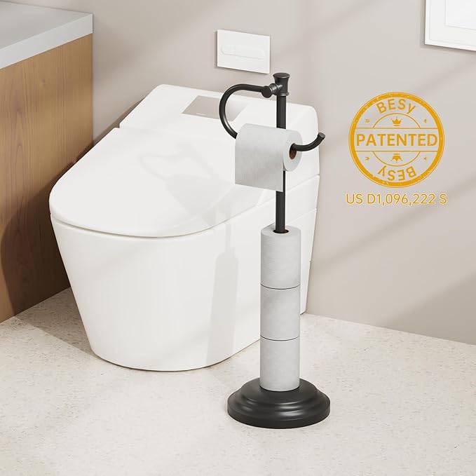 BESy Toilet Paper Holder Free Standing Bathroom Toilet Tissue Holder Stand for Floor Toilet Paper Roll Holder with Storage Hardware Accessories Rack Hand Towel Bar Matte Black Stainless Steel
