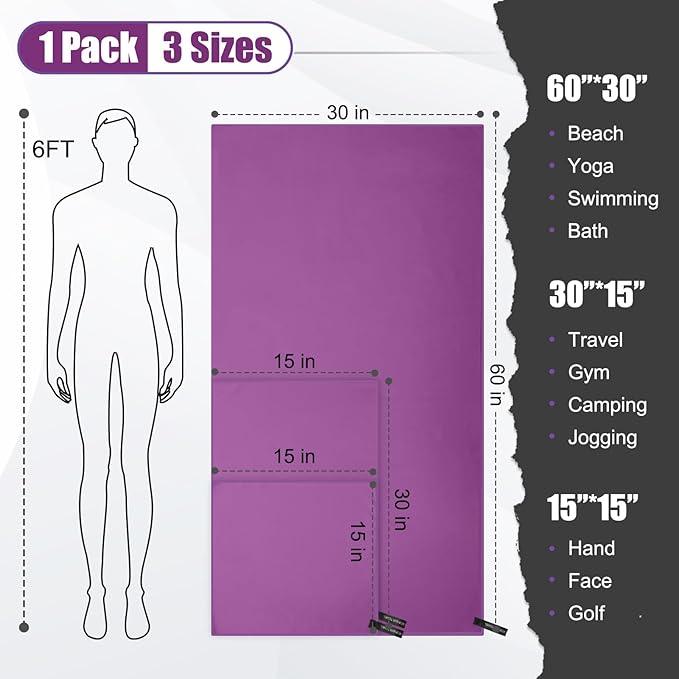 Quick Dry Travel Towel, 3 Sizes 1 Pack Camping Microfiber Towel, Lightweight Fast Drying Towels Set 60"x30", 30"x15", 15"x15" w/Bag for Gym, Beach, Hiking, Swimming, Purple