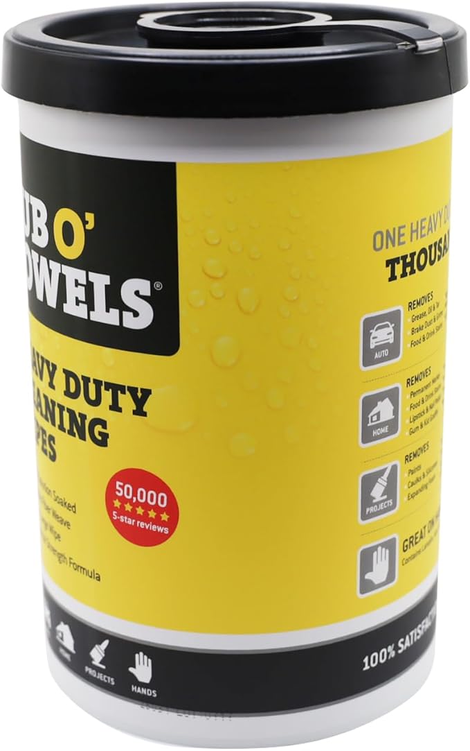 Tub O' Towels Heavy-Duty Multi-Surface Cleaning Wipes, 10" x 12", 90 Count Canister, Removes Grease, Grime, Tough Stains, Durable Disposable Wipes for Home, Garage, Outdoor Cleaning Tasks, 2-Pack