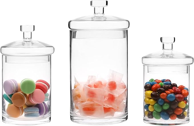 MyGift Glass Apothecary Jar Set with Clear Lid - Decorative Kitchen and Bath Storage Canisters, Wedding Centerpiece Jars, Candy Buffet with Lids