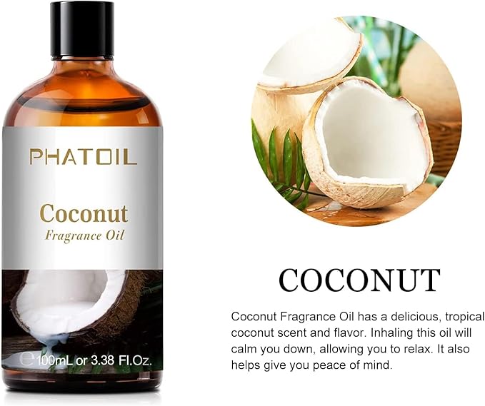 PHATOIL 3.38FL.OZ Coconut Fragrance Oils for Aromatherapy, Essential Oils for Diffusers for Home, Perfect for Diffuser, Yoga, Skin Care, DIY Candle and Soap Making - 100ml
