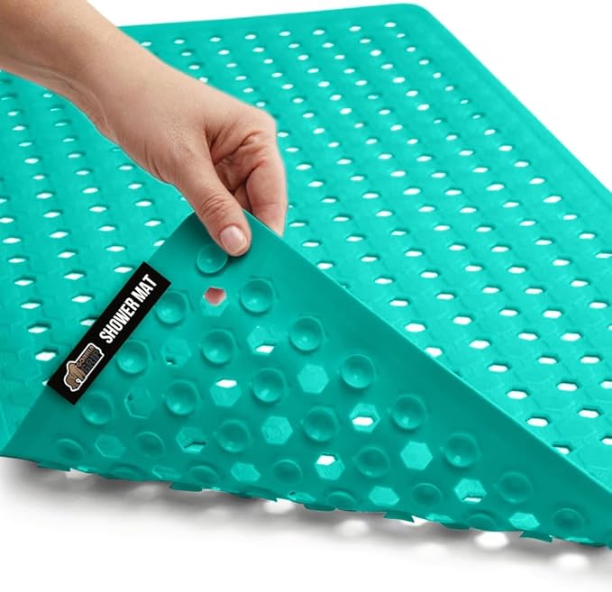 GORILLA GRIP Patented Bath Tub Shower Mat, Machine Washable Bathtub Floor Liner Mats, Suction Cups and Drain Holes to Keep Tubs Clean, Soft on Feet, Bathroom Essentials, 35x16 Inch, Turquoise Opaque