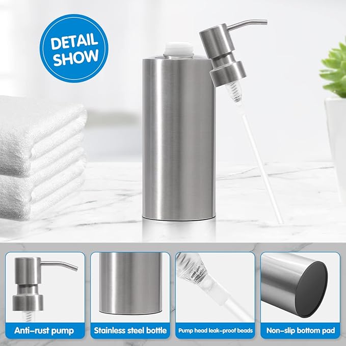 ARKTEK Large Stainless Steel Countertop Soap Dispenser - Rust and Leak Proof Liquid Hand Soap Pump Bottle for Kitchen, Bathroom and Countertop Hand Dish Lotion (20 Oz / 600 ml)