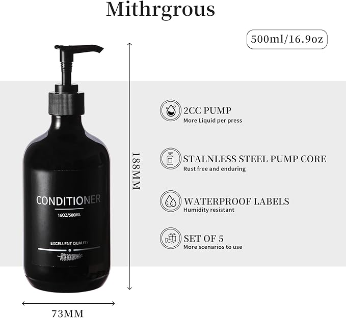 (5Pack) Black Shower Bottles Refillable with Labels, 16.9oz Reusable Shampoo and Conditioner Bottles,Shampoo Dispenser Bottles