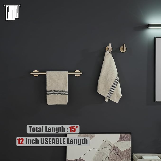 JQK Champagne Bronze Towel Bar, 15 Inch 304 Stainless Steel Thicken 0.8mm Towel Rack Bathroom, Towel Holder Wall Mount, Useable Length 12 Inch, TB110L12-CB