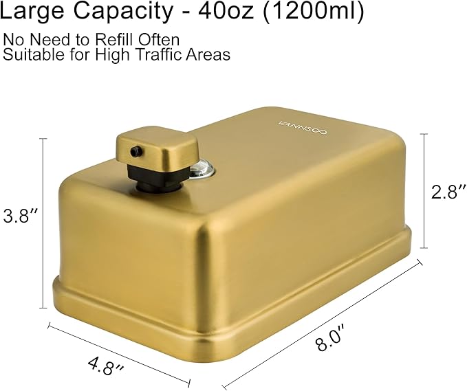Wall Mounted Hand Soap Dispenser Bathroom, 1200ml 40oz Commercial Stainless Steel Liquid Soap Dispenser Wall Mount (Vertical Gold)