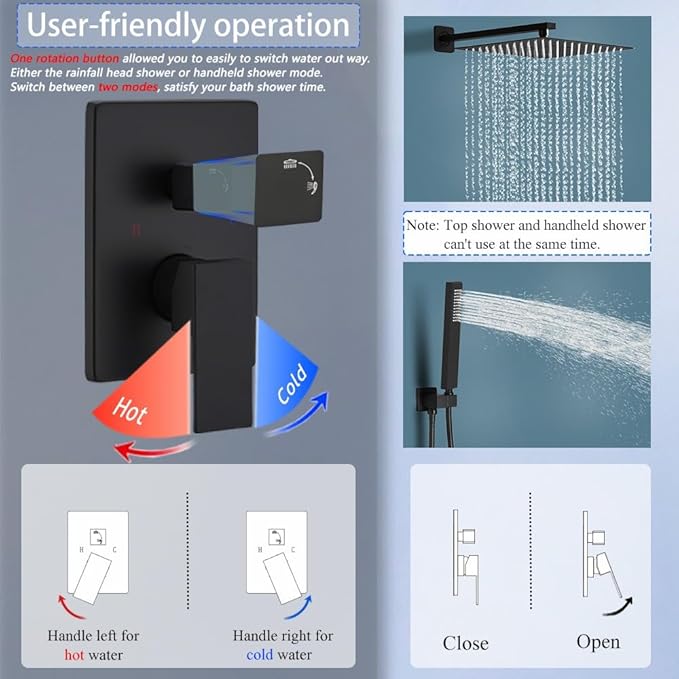 Shower Faucet Set 16 Inch Wall Mount Rain Shower System, All Metal Shower Fixtures - Matte Black