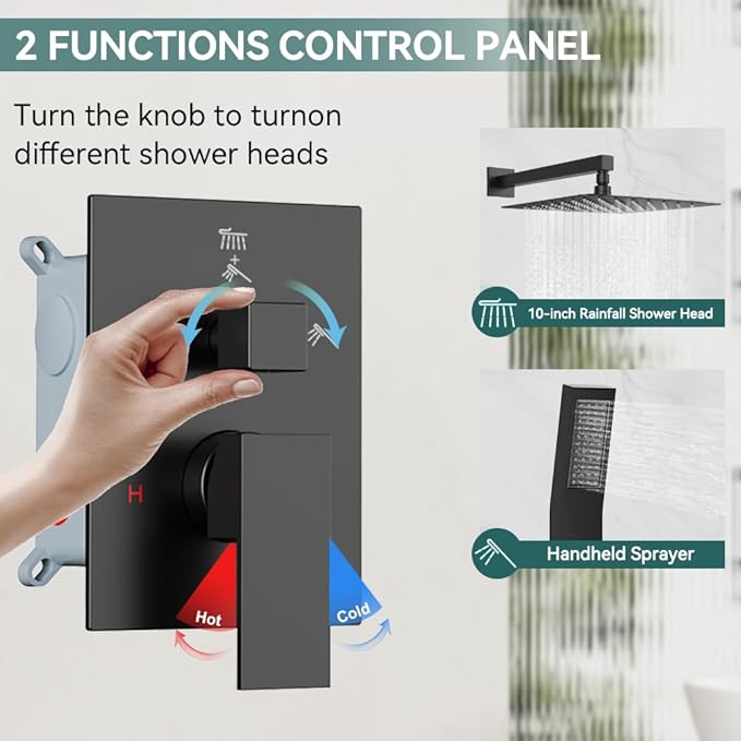 Shower Faucet Set Matte Black Shower System, Starbath 10" Rain Shower Head and Handheld Spray Shower Set Complete Wall Mounted,2 Way Pressure Balance Shower Valve and Trim Kit Included
