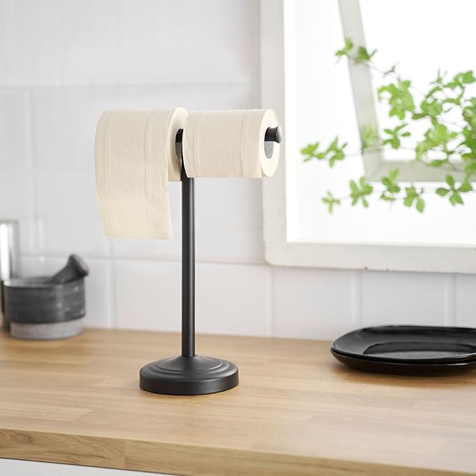 RUMOSE 13 Inch Matte Black Towel Stand Hand Towel Holder Bathroom Kitchen Vanity Countertop T-Shape Towel Rack Free Standing Stainless Steel Towel Bar Towel Ring