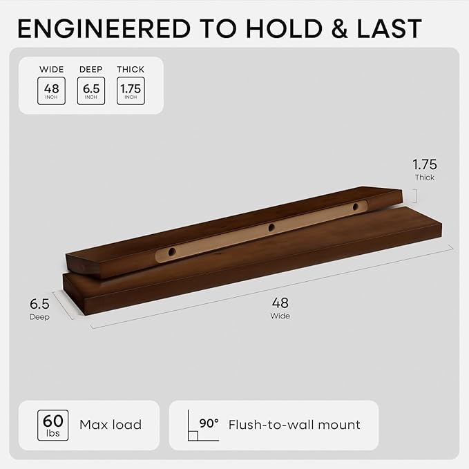 Homeforia 48 inch Walnut Floating Shelf, High End Solid Real Wood Large 48inch Floating Shelves for Wall, Dark Brown 48 inches Long Floating Shelves, Heavy Duty Bracket, 48 X 6.5 X 1.75 inch, Set of 3