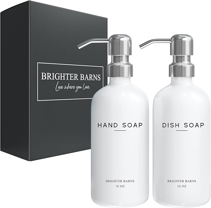 White Glass Hand and Dish Soap Dispenser Set by Brighter Barns - Modern Kitchen Soap Dispenser Set & Pump for Sink - Farmhouse Home Decor, Minimalist Kitchen Accessories (White)