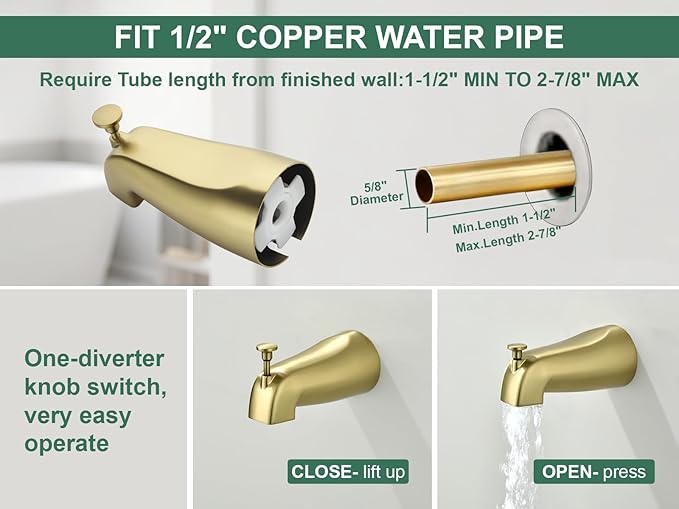 Brushed Gold Shower Faucet Set with Tub Spout Tub and Shower Faucet Set Complete with Handheld Shower Head Shower Combo Set Shower System with Tub Spout Tub and Shower Trim Kit