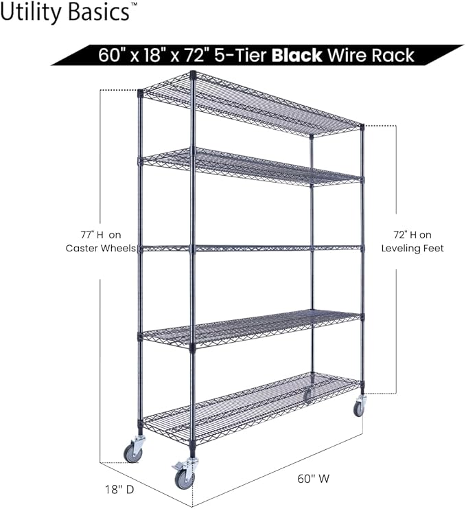 NSF Commercial 5-Tier Wire Shelving with Wheels, 60"x18"x72" Heavy Duty Metal Shelves 4000 lbs Max Capacity, Black Storage Rack for Garage Kitchen Pantry Warehouse