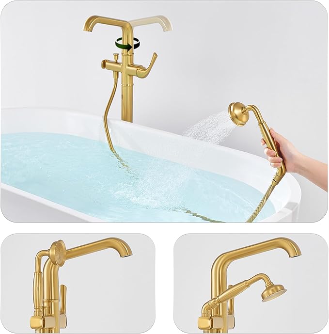 Luxury Free Standing Tub Faucet, Classic Brass Freestanding Bathtub Faucet, Lexdale Bathroom Floor Mount Tub Filler with handheld Sprayer Supply Lines Included Brushed Gold (LD8911-BG)