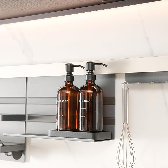 Amber Soap Dispenser Set, Soap Dispenser for Kitchen Sink with Black Stainless Steel Pump, Perfect for Kitchen Accessories Decor. (Amber)