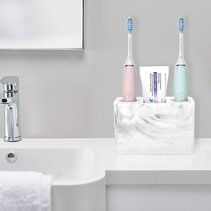 Luxspire Electric Toothbrush Holder, 3 Slots Large Marble Toothbrush Toothpaste Stand, Resin Storage for Bathroom Accessories Vanity Counter Sink Organizer Caddy Marble Style- Ink White
