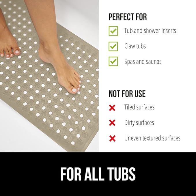 GORILLA GRIP Patented Bath Tub Shower Mat, Machine Washable Bathtub Floor Liner Mats, Suction Cups and Drain Holes to Keep Tubs Clean, Soft on Feet, Bathroom Essentials, 35x16 Inch, Beige