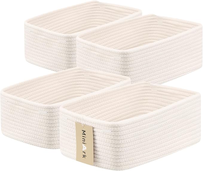 Small Storage Baskets for Organizing | Closet Organizer Bins | Shelf Toy Basket | Woven Rope Baskets | Cube Decorative Box | Shallow Basket | 13x8.5x5.1” | 4 Packs Off White