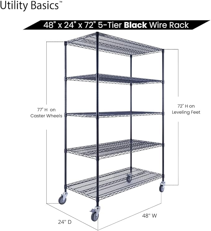 NSF Commercial 5-Tier Wire Shelving with Wheels, 48"x24"x72" Heavy Duty Metal Shelves 4000 lbs Max Capacity, Black Storage Rack for Garage Kitchen Pantry Warehouse