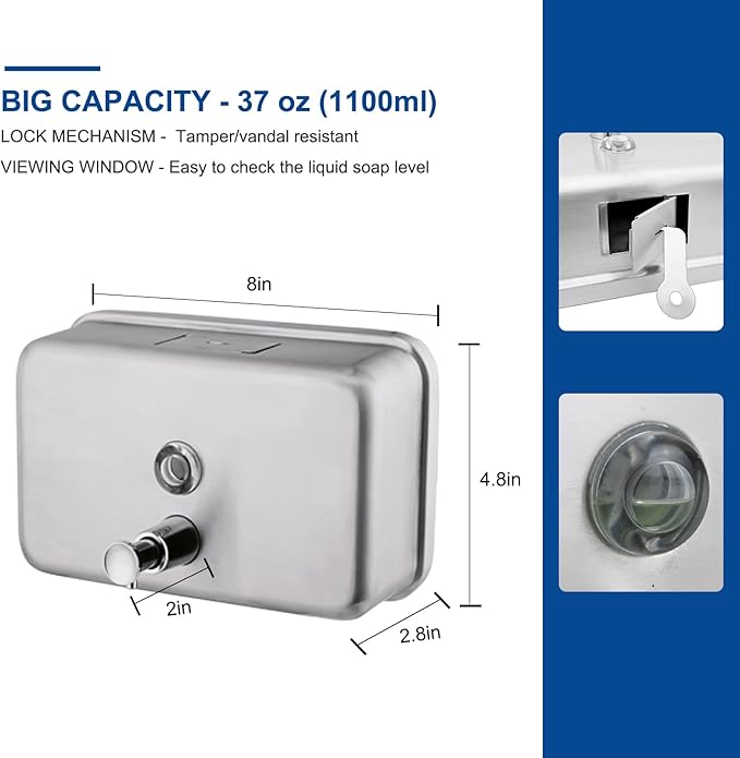 Commercial Wall Mount Stainless Steel Soap Dispenser, Rust-Proof Lining Liquid Hand Sanitizer Dispenser Bathroom 1100 ml / 37 oz. (Horizontal)