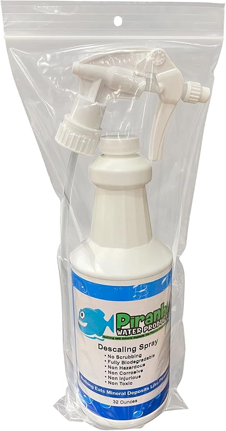 Piranha Water Pool Tile and Shower Calcium Descaling Spray - Biodegradable Rust Mineral Buildup Remover - Multi-Surface Lime Removal Spray - 32 oz