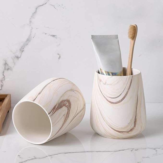 Marble Brown Toothbrush Holder for Bathroom - Ceramic Tooth Brushing Holders, Toothbrush Cup, Toothpaste Organizer for Bathroom Countertop, Makeup Brush Holder, Pen Holder for Home Desktop Storage