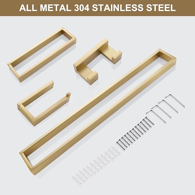 Lairuier Bathroom Hardware Accessories Set, Brushed Gold 4-Piece Bathroom Hardware Set Including Towel Bar,Towel Holder, Toilet Paper Holder, Towel Hook, Stainless Steel Bath Towel Bar Set