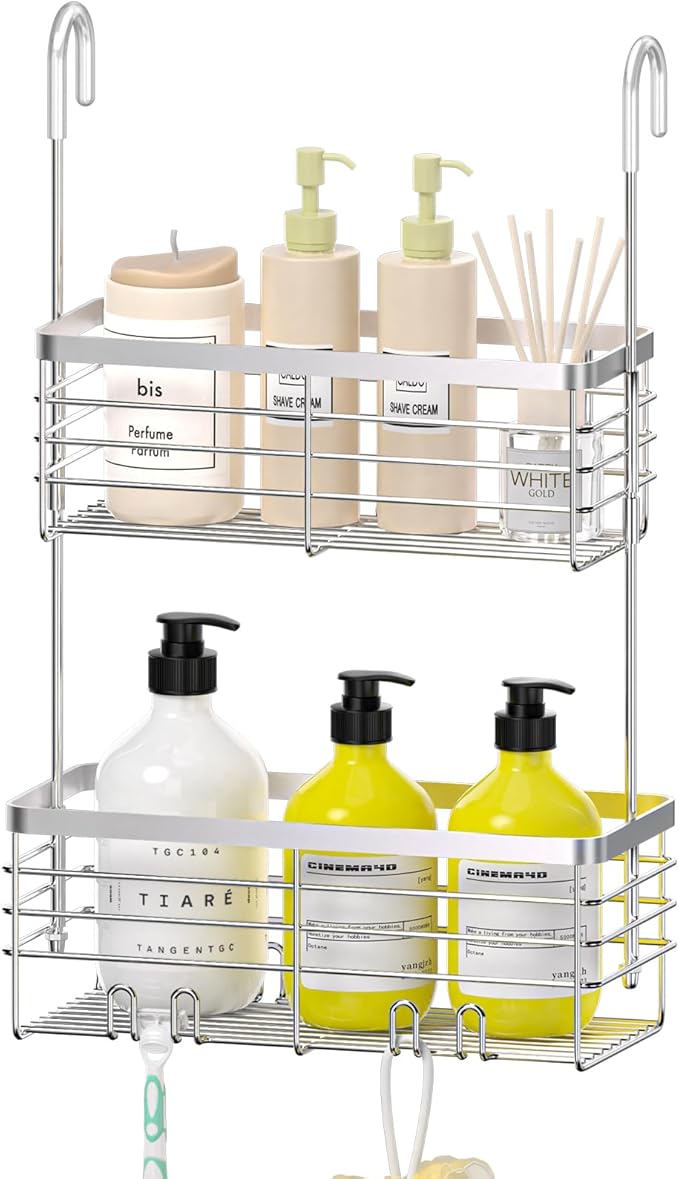 DELLAN Hanging Shower Organizer, 2-Tier Shower Rack with Hooks Over the Door, Bathroom Shower Caddy and Basket